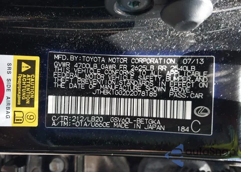 2013 Lexus Es 350 z USA, uszkodzony, nr VIN JTHBK1GG2D2078185